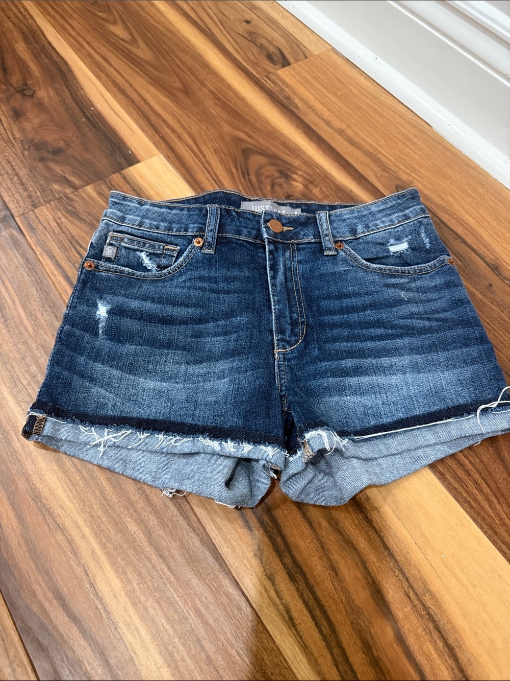 Just USA Dark Blue Distressed Denim Rolled-Hem Shorts